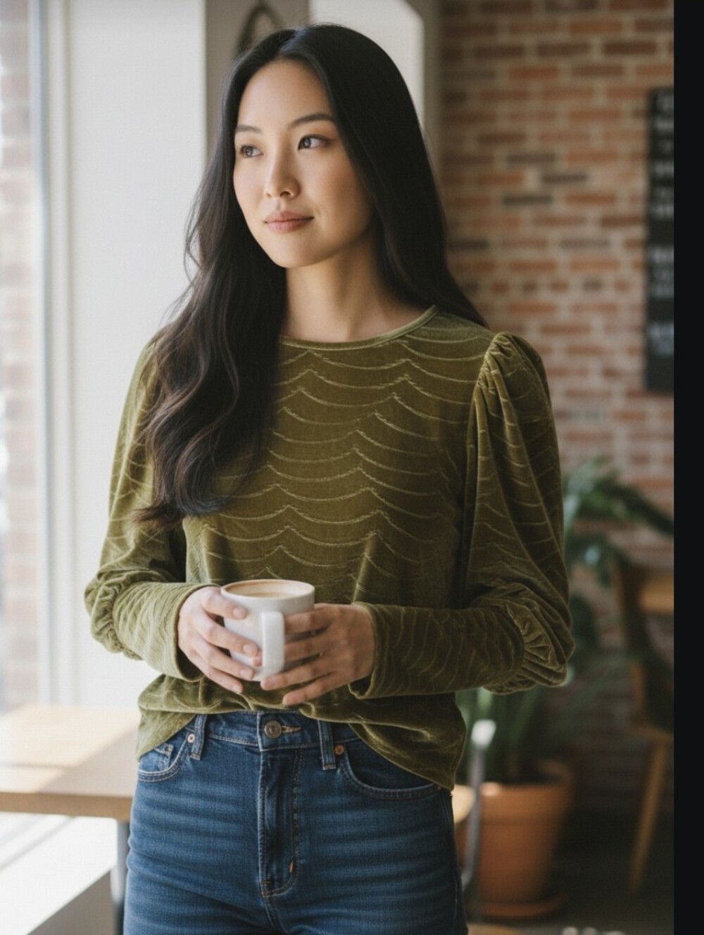 THML Olive Velvet Puff-Sleeve Top